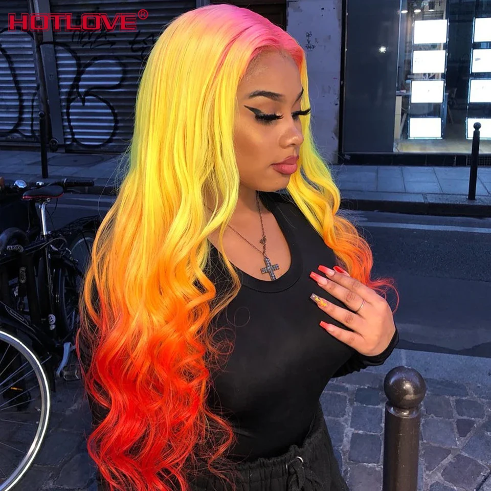 Yellow Red Ombre Lace Frontal Human Hair Wigs Pre Plucked Highlight Pink Root Body Wave Lace Front Wigs HD Transparent Lace Wigs