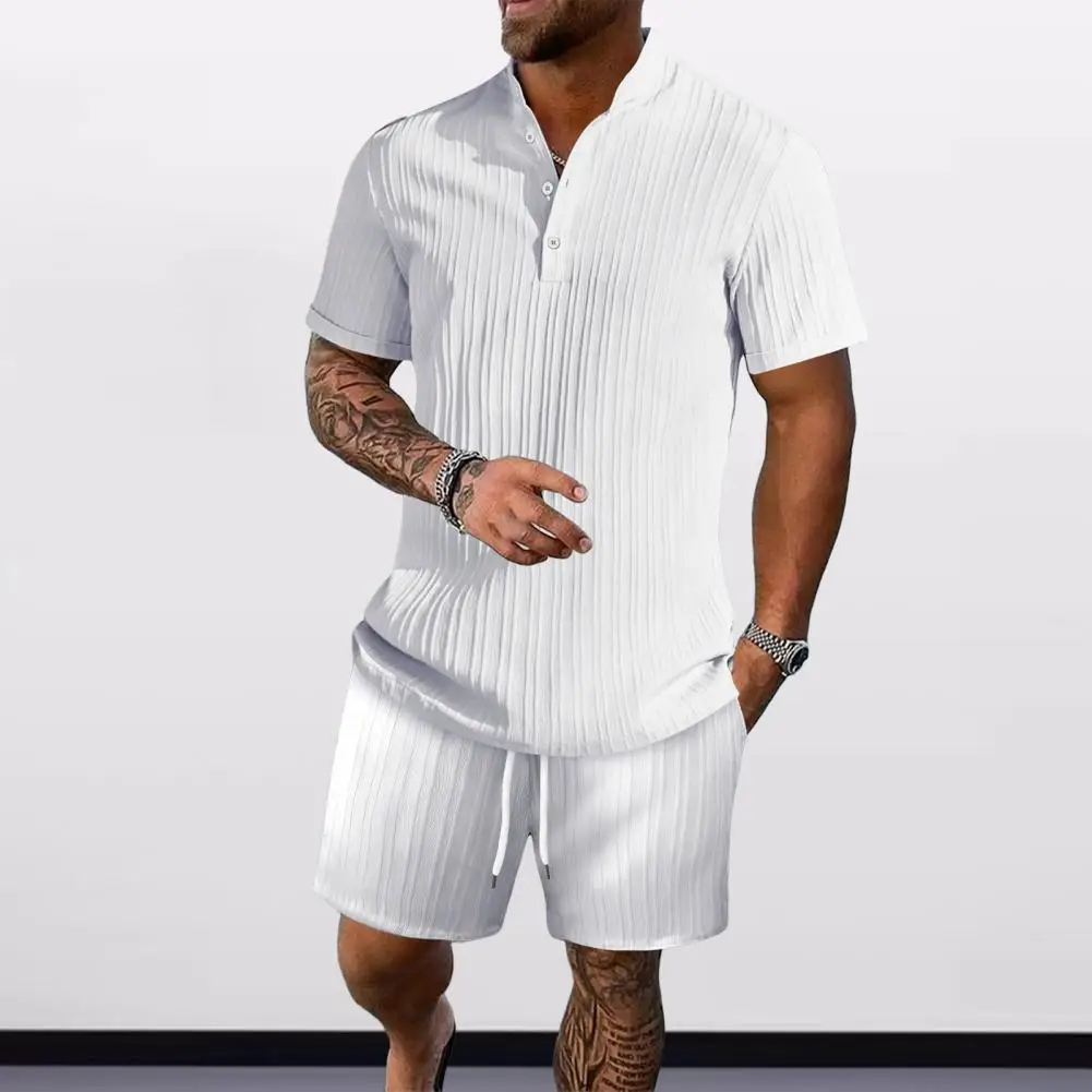 Conjunto de traje deportivo de verano para hombre, Camiseta con cuello levantado, pantalones cortos de cintura con cordón, informal, dos piezas para Fitness