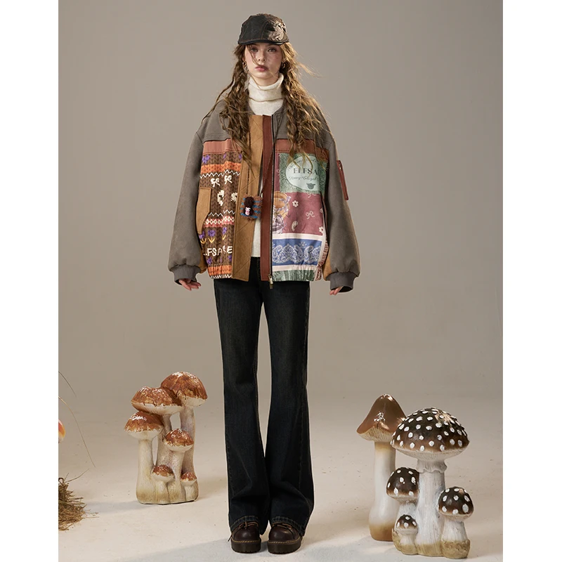 ELFSACK 2025 nuevas llegadas de invierno chaqueta acolchada holgada con Panel estampado de bloques de Color bohemio para mujer