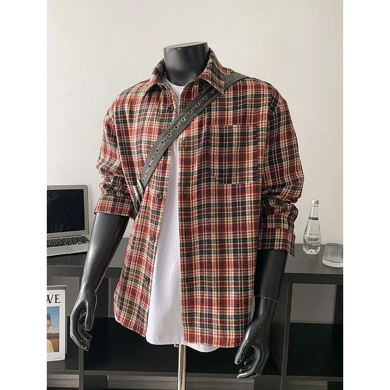 

Мужская винтажная весенняя рубашка, повседневная рубашка в контрастную клетку с длинным рукавом, красные и коричневые клетчатые варианты, свободная посадка для умной повседневной носки