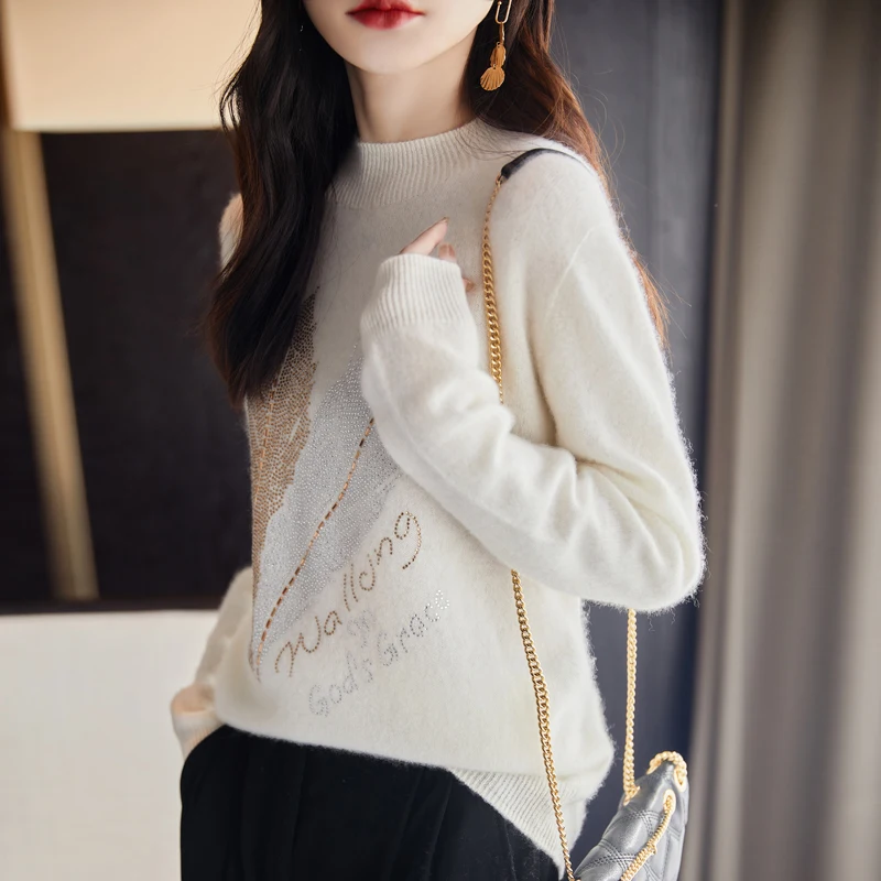 Fall/winter new 100% Merino wool cashmere sweater Women's round neck pullover Leaf ironing drill warm bottom knit shirt top