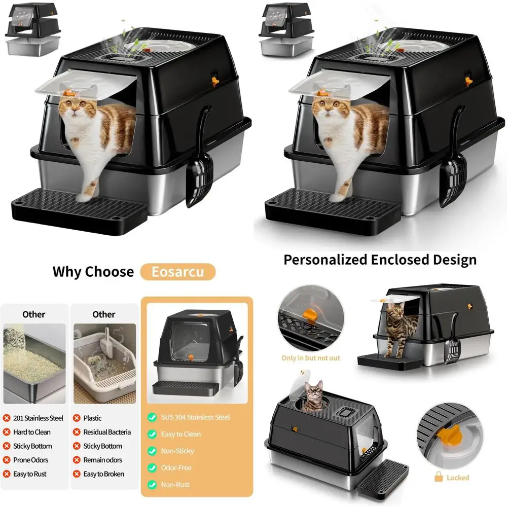 

Очень большой закрытый металлический лоток для кошек с съемной крышкой и совком, контроль запаха, легкая очистка, защита от протекания