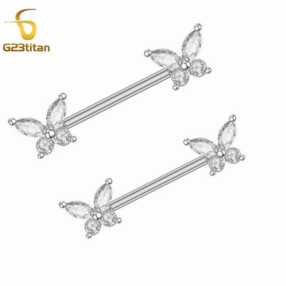 2pcs Zircon Butterfly Nipple Rings Titanium or Steel Straight Barbell Body Piercings Hypoallergenic Women Jewelry Accessory 14G