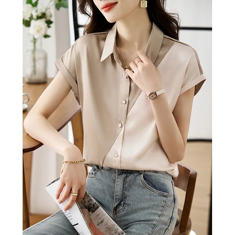 

Summer Shirts Short Sleeve Spliced Button Cardigan Women Chic Casual Turn-down Collar Tops Short Sleeve Fashion Loose Blouse