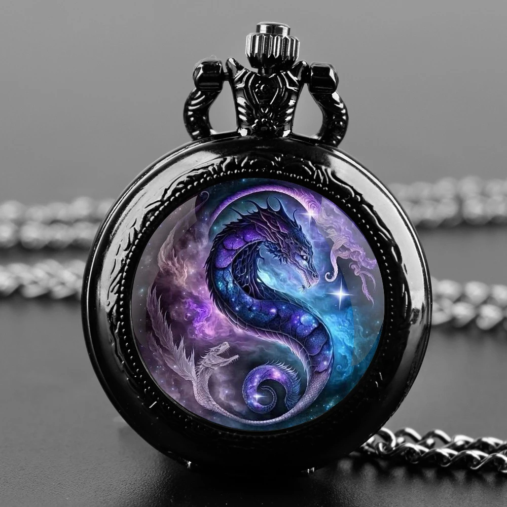 Black Quartz Pocket Watch Retro Animal Yin and Yang Dragon Wolf Design Pocket Watch Pendant Necklace for Men Womens Kids Gift