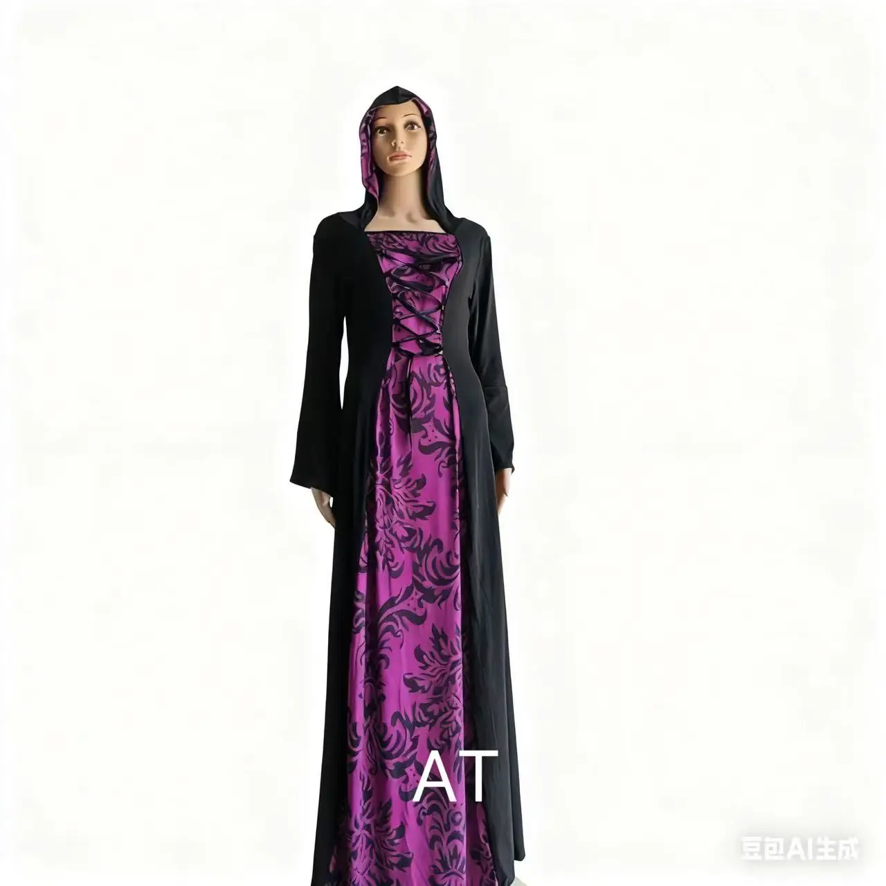 أزياء الهالوين فستان ويكا الساحرة في القرون الوسطى للنساء البالغات مقاس كبير بقلنسوة على الطراز القوطي مطبوع فستان ماكسي عصر النهضة الفيكتوري