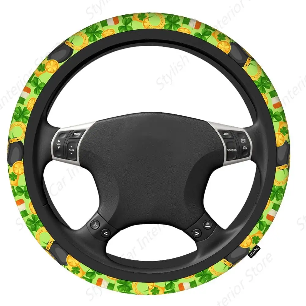 St Patricks Day Steering Wheel Cover Flag Ireland Gold Coins Pot Clover Hat Horseshoe Universal Auto Car Steering Wheel Covers