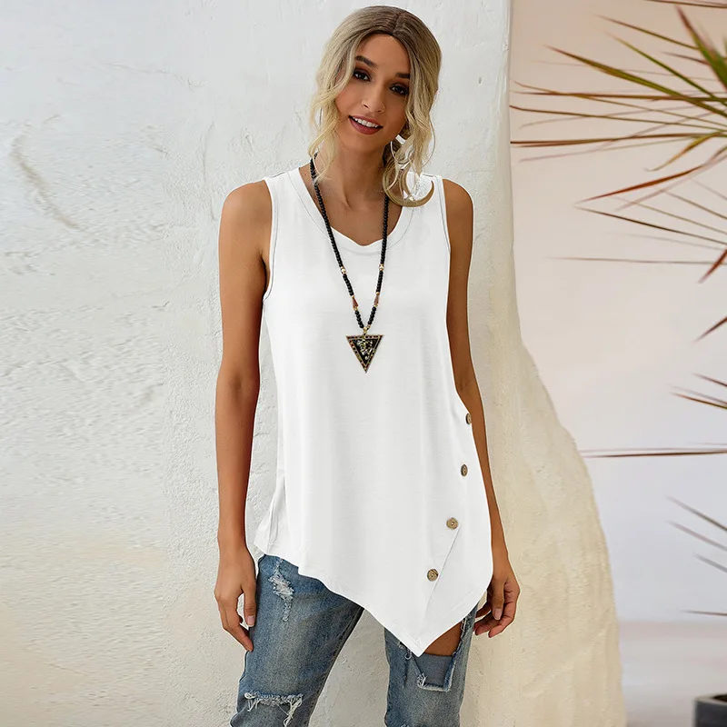 2023 Summer Women Tops Teen Girls 90s Loose Casual V Neck Button Tank Tops Asymmetrical Hems Sleeveless Vest Chaleco