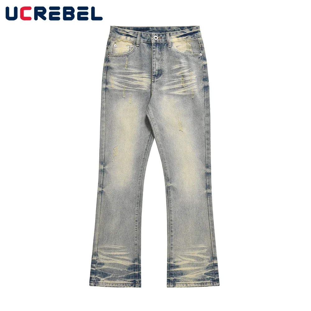 

Washed Mud Yellow Denim Pants Mens High Street Scratch Loose Flared Pants Men Distressed Jeans