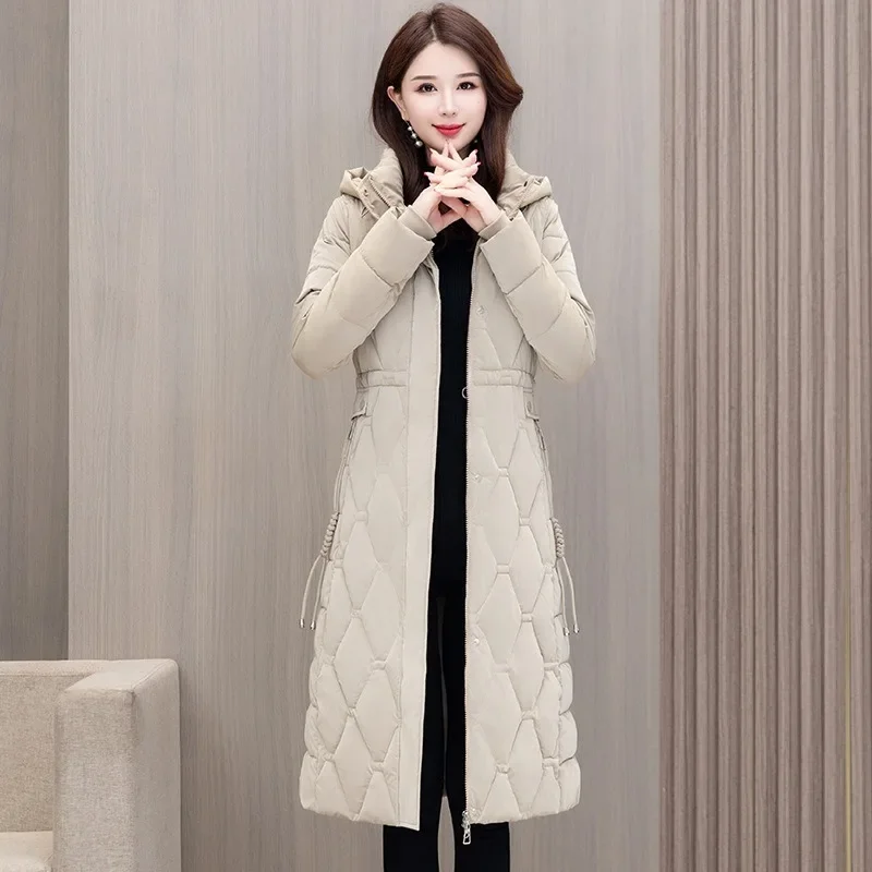 Women's Stand Collar Windproof Long Mother's Down Cotton Coat 2025 Winter Fashion Glossy Warm Slim Parka Zippers Detachable Hat