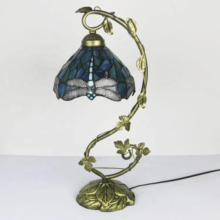 Imagem -05 - Longhuijing Cabeceira Vitral Table Lamp Tiffany Desk Lamp Estilo Libélula Azul Folha de Metal Base Fina 21 8