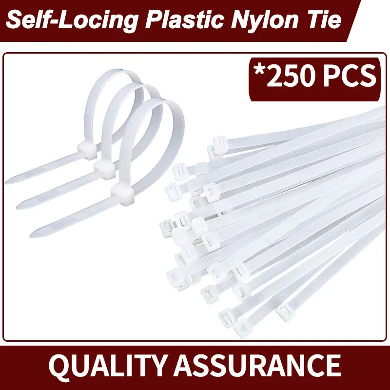 

250 PCS Self-locking Nylon Cable Tie White Plastic Strong Snap High Temperature Resistant and Lengthening TwineTie Wire Tie