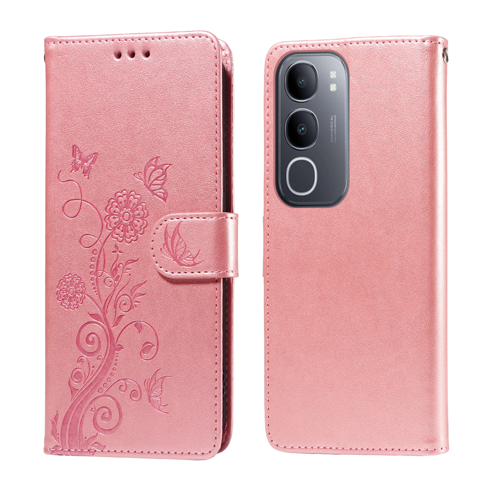 

Для vivo Y50 Кожаный чехол-подставка для кошелька с бабочкой и цветочным принтом - розовый