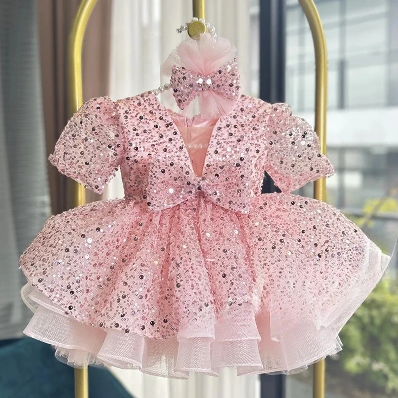 

Party Dress Pink Glitter Tulle Ball Gown with Puff Sleeves Bow Kids Princess Tutu Dresses Sparkly Birthday Gown for Baby Girl