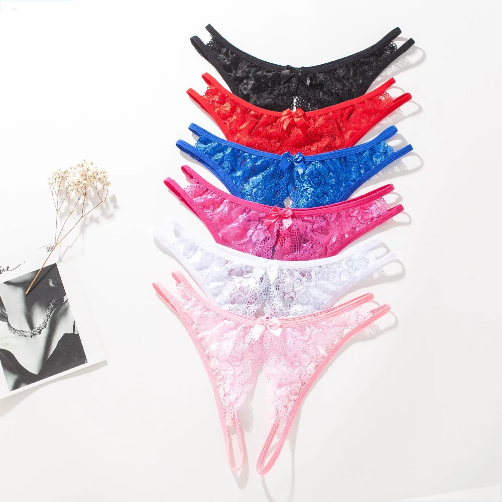 

Sexy Rhinestone Lace Thong Plus Size Crotchless G-String Women Hollow Out Bow Panties Seductive Exotic Open Crotch Underwear