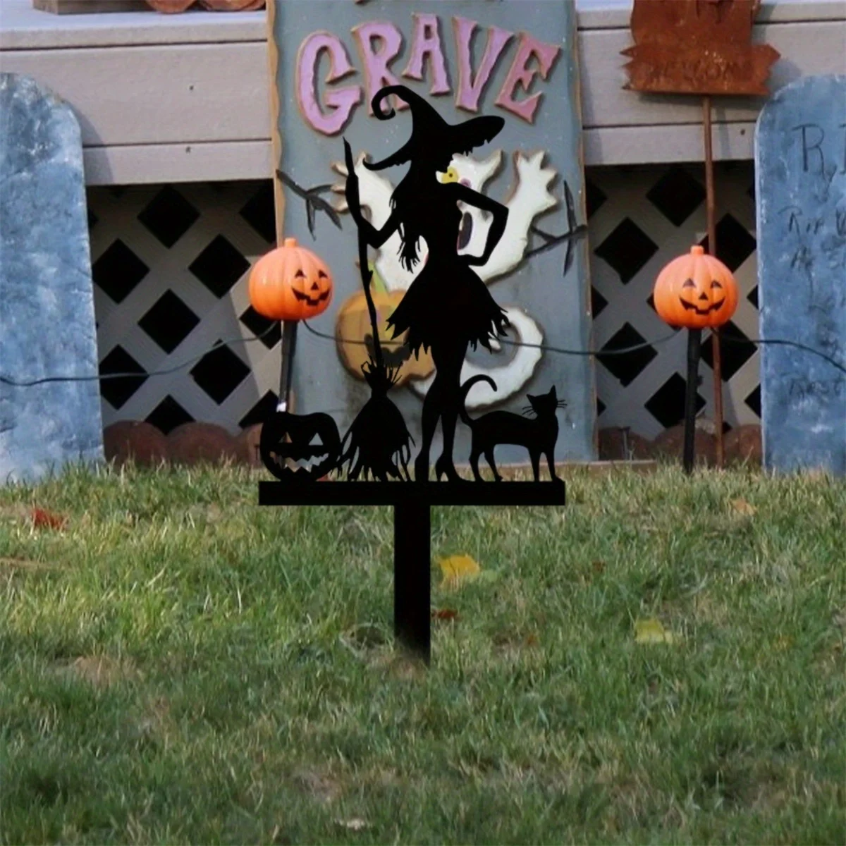 1pc Black Cat - Spooky Outdoor Yard Decoration, Heavy-Duty Lawn Decor Halloween Witch  Metal Garden Stake with Pumpkin