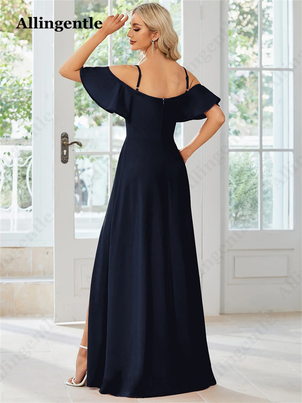 Allingentle NAvy Blue Elegant Satin Evening Dresses Off Shoulder with Ruffles 2023 Maxi DressBridesmaid Gown Custom Floor Length