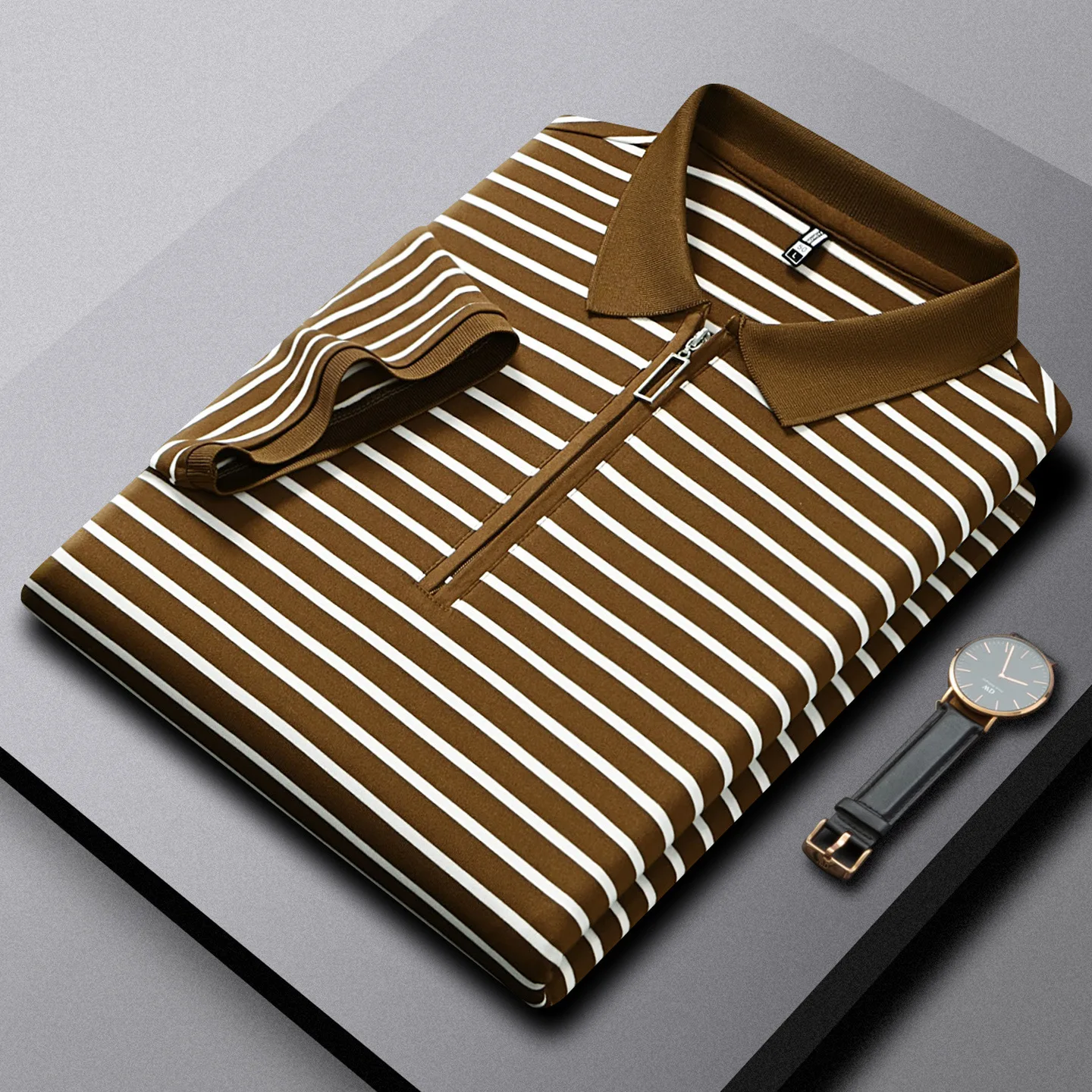 Classic Men Striped Half Zip Polo Shirt Short Sleeve Solid Lapel Collar Zipper Placket Casual Business Work Tops