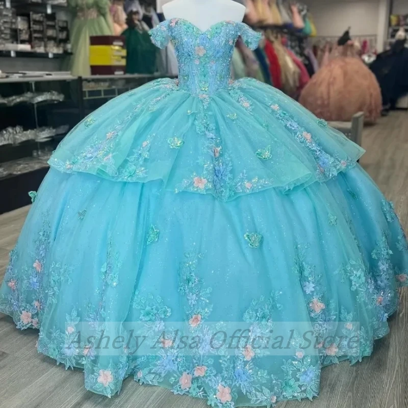 Foto reali Aqua Blue Lace Quinceanera Dress Ball Gown scollo a V Lace Up Floral Girls Birthday Party Prom Gown Vestido15 vx Anos