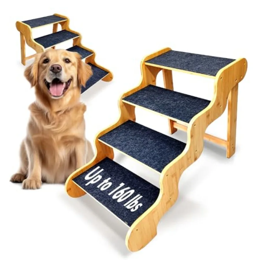 Escalones para Perros para la Cama, Escaleras de Bambú para Perros Grandes y Mayores, 4 Escalones, 20 cm de Altura, Soportes Estables y Resistentes, Soportan hasta 72 kg, Color Marrón Claro