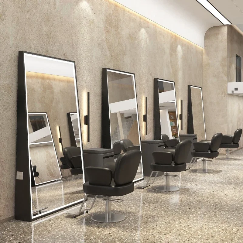 High-end barber shop mirror floor lamp stainless steel hair perm and dye mirror hair salon mirror.