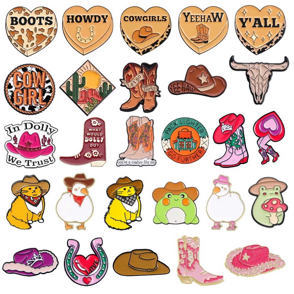 Creative Cowboy Metal Brooch Hat Flower Boots Bullcat Cow Girls Horseshoe Cute Cowboy Frog Backpack Metal Badge Punk Pin Jewelry