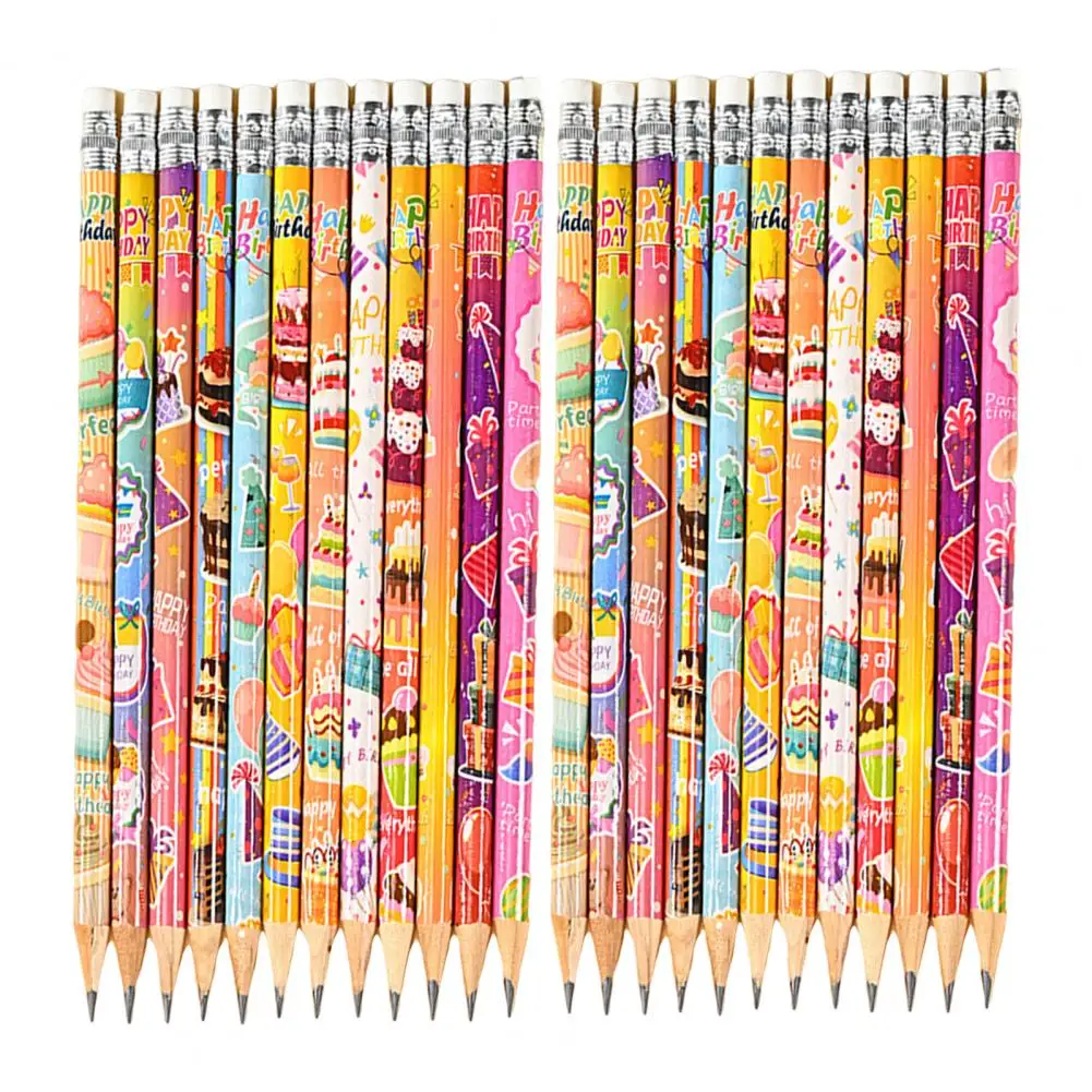 Cute Cartoon Pattern Pencils Teacher Pencils Fun Festive Birthday Pencils 24 Wooden Pencils with Top Erasers for Kids' Birthday