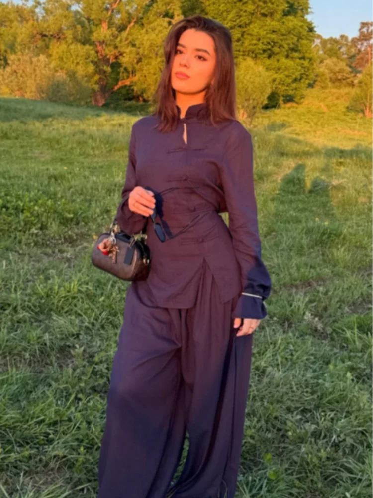 Sophisticated Neutral Set Stylish Retro Elegant Trendy Trendy Top Wide Leg Pants Women Casual Chic Leisure Office Streetwear