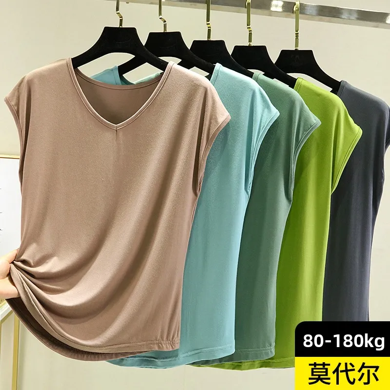 Loose Modal Summer Top Women's Casual Thin Sleeveless T-shirt V-neck Large Size Vest Pure Color Commute Style Korean Version