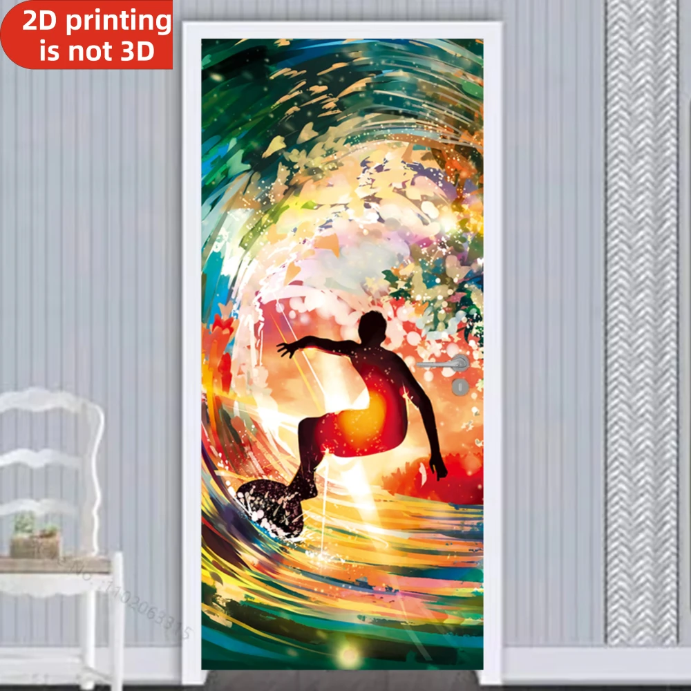 Self-adhesive Door Stickers Surfer Riding Colorful Ocean Wave Vinyl Fridge Cover Decal Peel and Stick Wallpaper for Home Decor