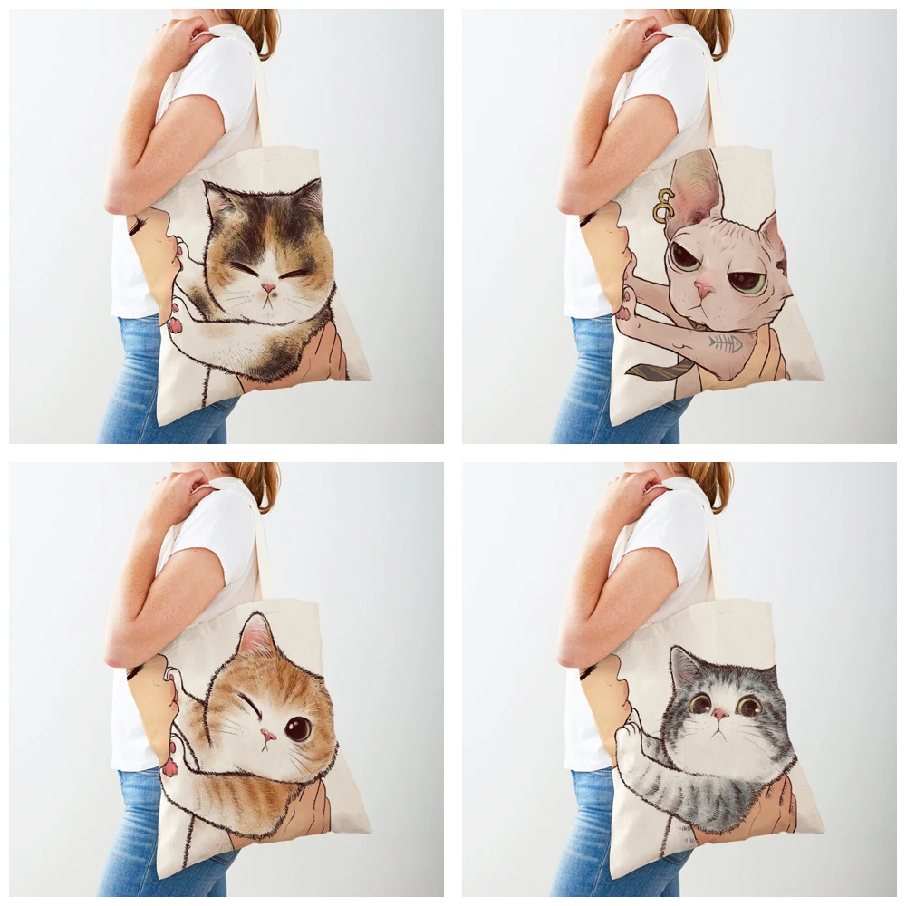 Both Sided Shopper Bag Funny Cartoon Cat Casual Women Shopping Bag Reusable Cute Pet Animal Canvas Lady Tote Handbag for Child