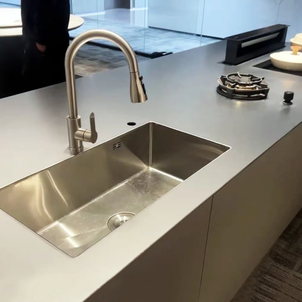 خزانة كونترتوب صلبة من الفولاذ المقاوم للصدأ 304 مخصصة، حوض جزيرة موقد متكامل، حوض خضروات المطبخ