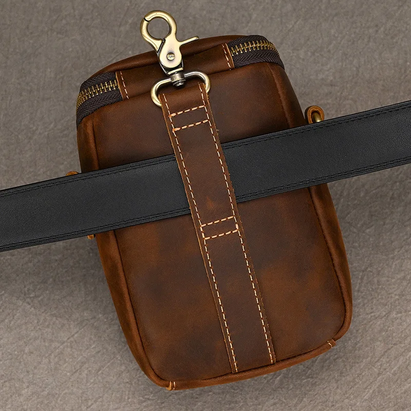 New Design Luxury Small Shoulder Bag For Men Crazy Horse Leather Multifunction Fanny Belt Waist Bag Phone Key Pack Hanging Bag