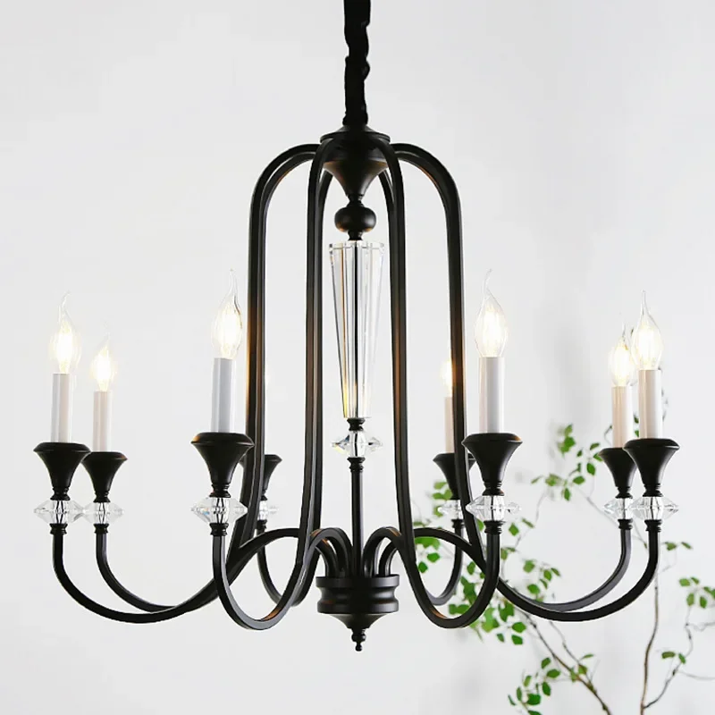 SANDYHA Warm Romantic Retro Candle Chandelier Black Crystal LED Pendant Lamp for Dining Living Room