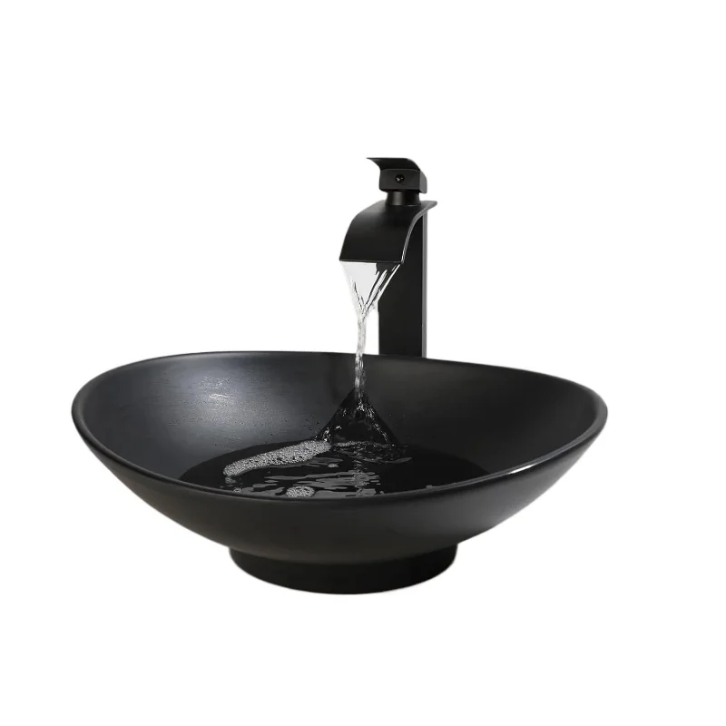 

Bathroom Vessel Sink Bowl Stone Resin Vessel Sink with Faucet and Drain Combo Big Black Oval Modern Above Counter Sink