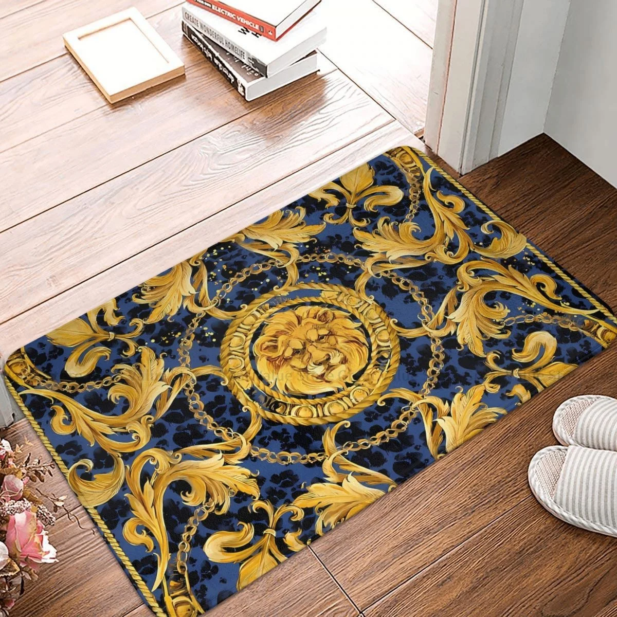 Golden Lion And Damask Bath Non-Slip Carpet Ornament Living Room Mat Entrance Door Doormat Home Decoration Rug