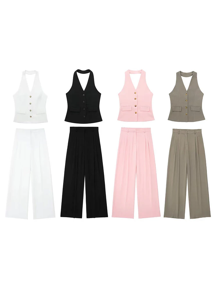 HH Women\'s 2-Piece Chic Single Breasted Pockets Sleeveless Halter Vest + High Waist Zippered Pockets Slim Fit Wide Leg Pants