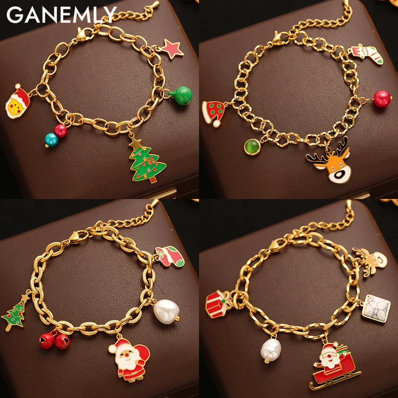

GANEMLY 316L Stainless Steel Creative Santa Claus Reindeer Charms Bracelet For Women Trendy Wrist Chain Christmas Jewelry Gifts