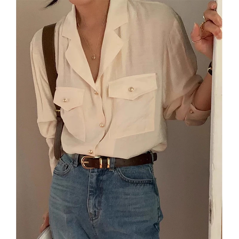 Chic Vintage Sle Long Sve Metal Button Loose Fit Suit Collar Women's irt Versatile Double ket Design for Autumn