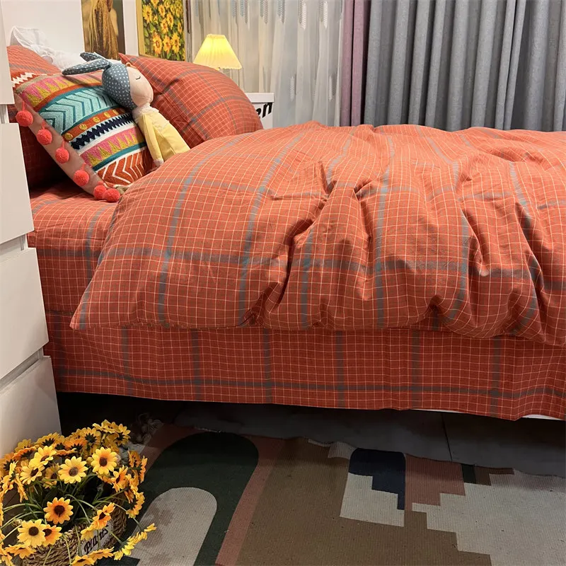 Orange Grid All Cotton 100% Pure Cotton Color Woven Washed Cotton Four Piece Set Nordic Minimalist Bedroom Duvet Cover