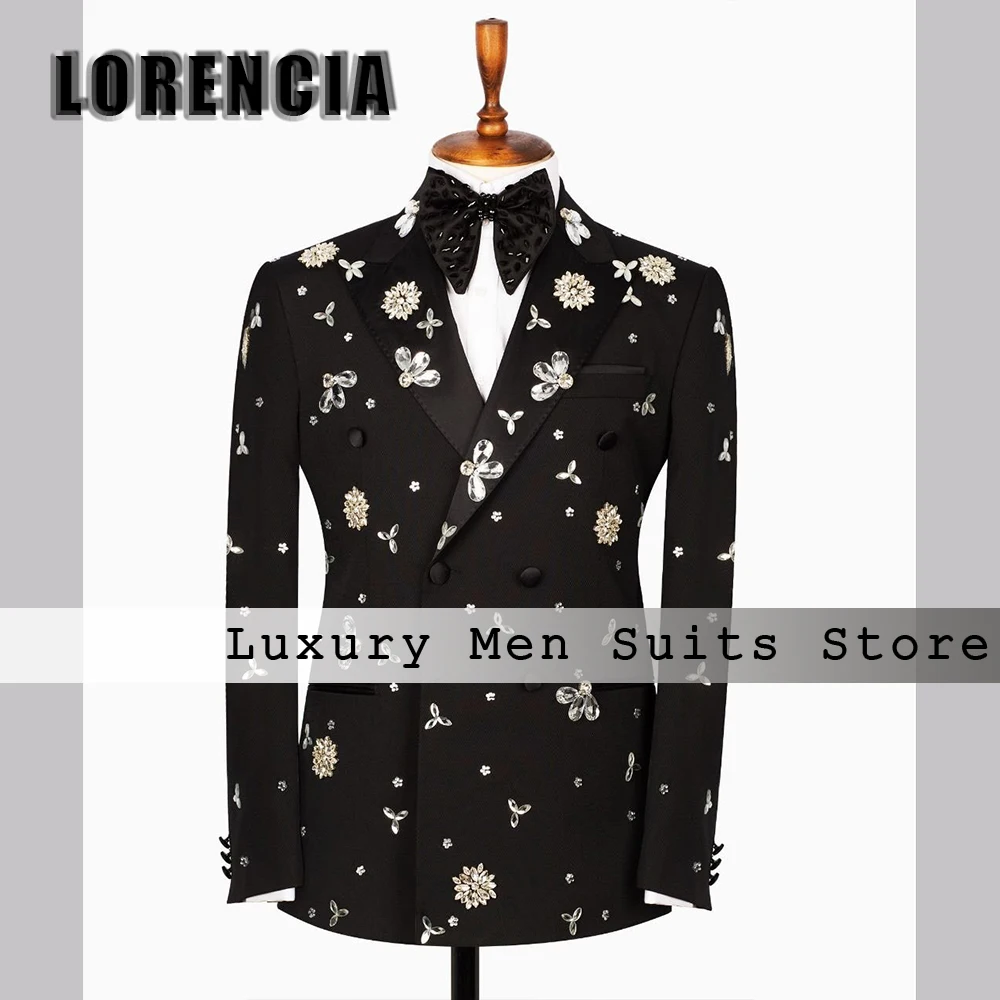 Classic Sparkly Rhinestone Men Suits 2 Piece Double Breasted Wedding Groom Tuxedos Customized Blazer Pants trajes para hombre
