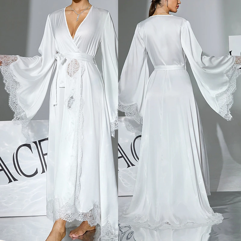 Long Bell Sleeve Bathrobe Sexy Lace Trim Silky Satin Kimono Wedding Bride Robe Women Loose Sleepwear Loungewear Casual Nightgown