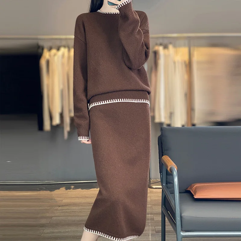 

Women 100% Merino Wool Sweater Pullover Skirt Suit O-Neck Long Sleeve Cashmere Office Lady Set Grace Spring Autumn Knit Clothing