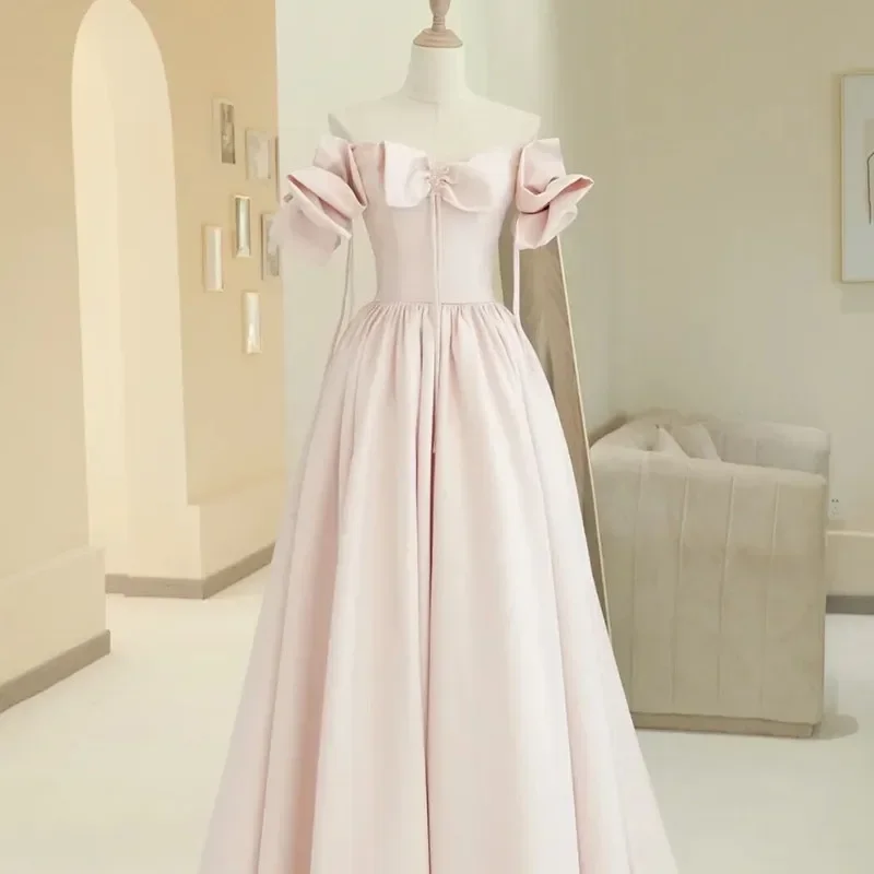 Evening Dress Pink Elegant Boat Neck Beads Empire Short Sleeves Floor-Length Simple Pleat A-Line Party Formal Gown Woman B1960