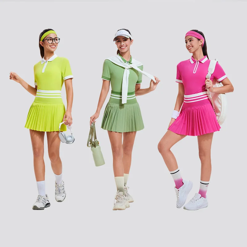 2026 Women Summer School Girl Outfit Knit Washed Striped Short Sleeve Polo and Pleated Tennis Skirt Matching 2 Two Piece Set