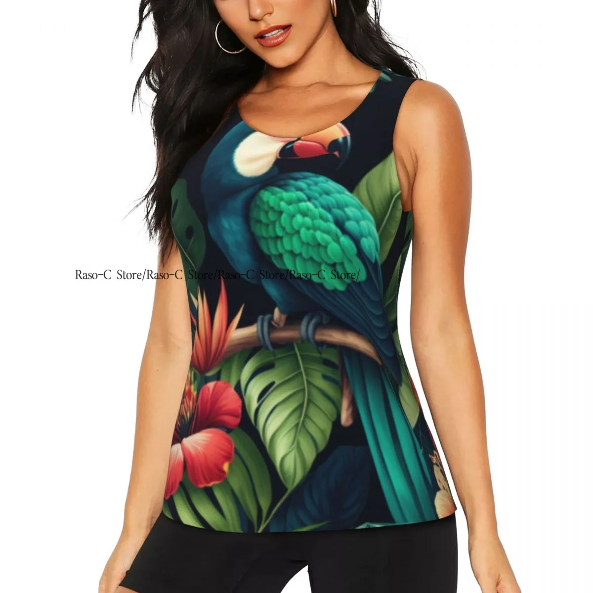 Women's Workout Tank Tops Quick Dry Sleeveless Athletic Shirts Tropical Parrot And Flowers Illustration Gym Yoga Tops