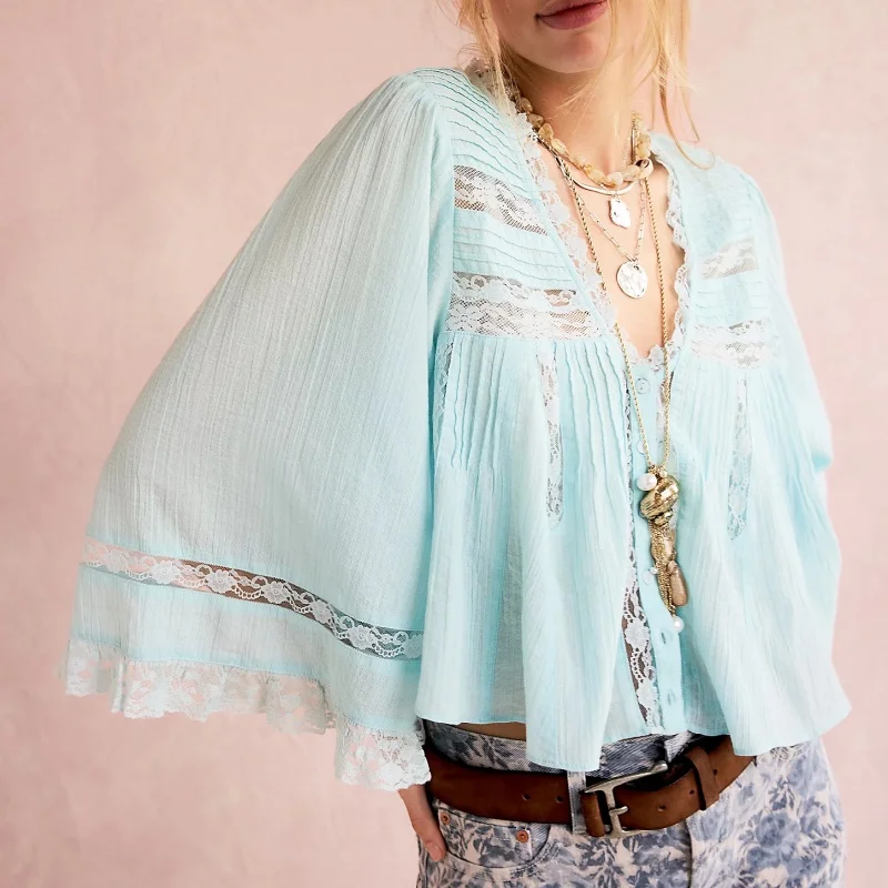 Tops de manga larga con volantes para mujer, camisetas sin mangas con botones delanteros, manga ancha 3/4, cuello en V, Color sólido, encaje semitransparente, camisetas sin mangas, ropa Y2k