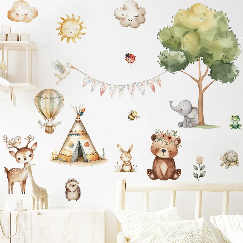 Cartoon Cute Forest Animals Wall Decal for Baby Room Deer Rabbit Bear Wall Sticker for Children's Room Nursery Home Decor