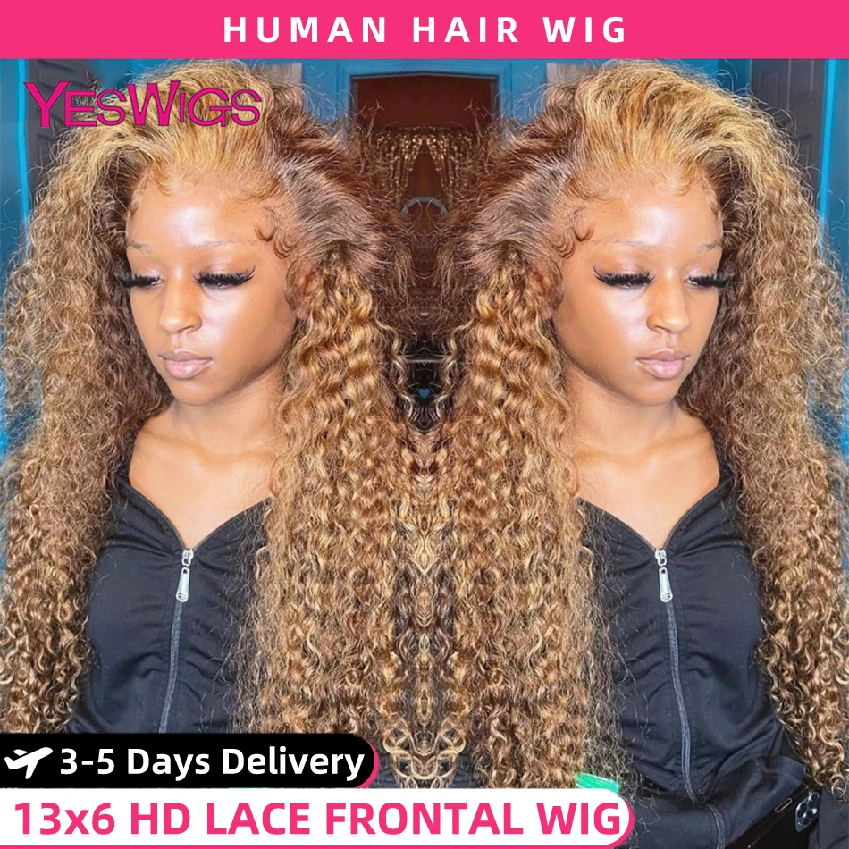 Highlight Wig Human Hair HD 13x4 Brown Lace Front Wig Honey Blonde Colored Curly Human Hair Wigs 13x6 Deep Wave Lace Frontal Wig