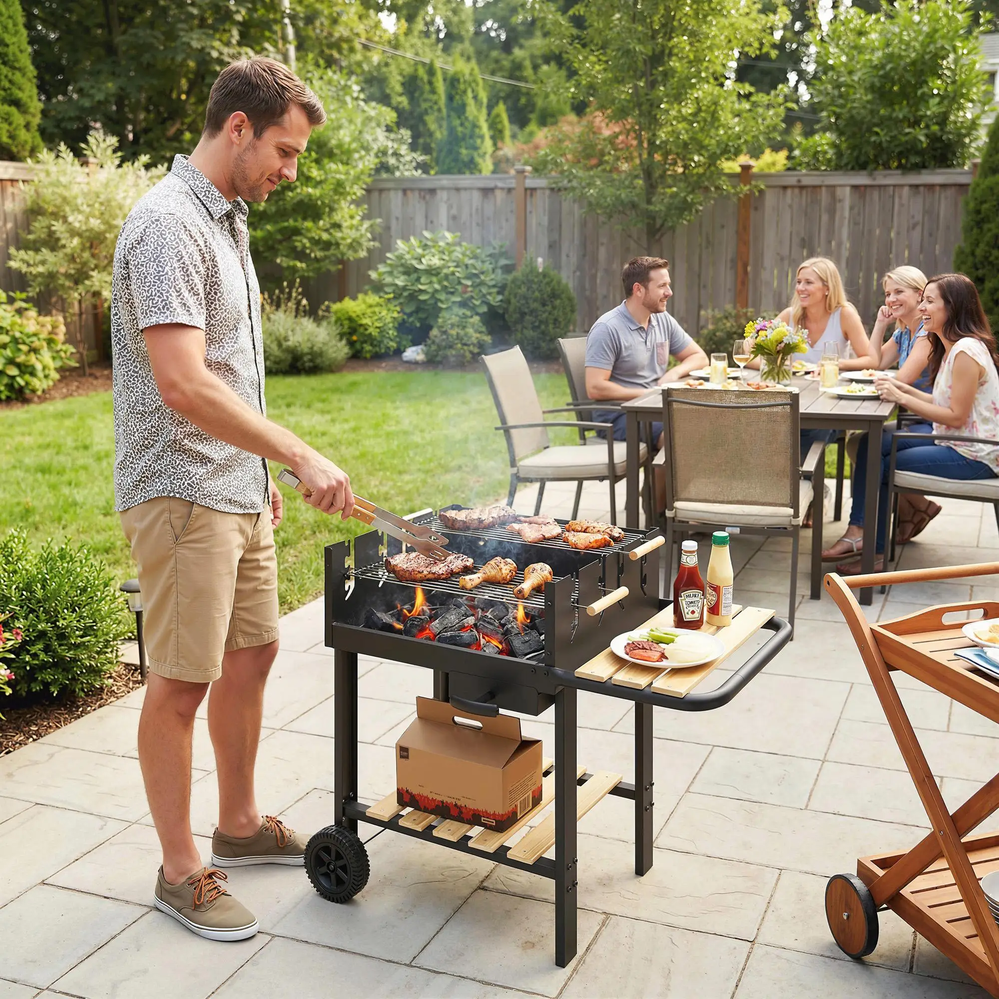 Carrito para barbacoa Outsunny a carbón, 4 niveles de altura ajustable, 2 parrillas, estante lateral, contenedor para cenizas 99.5x58x82 cm
